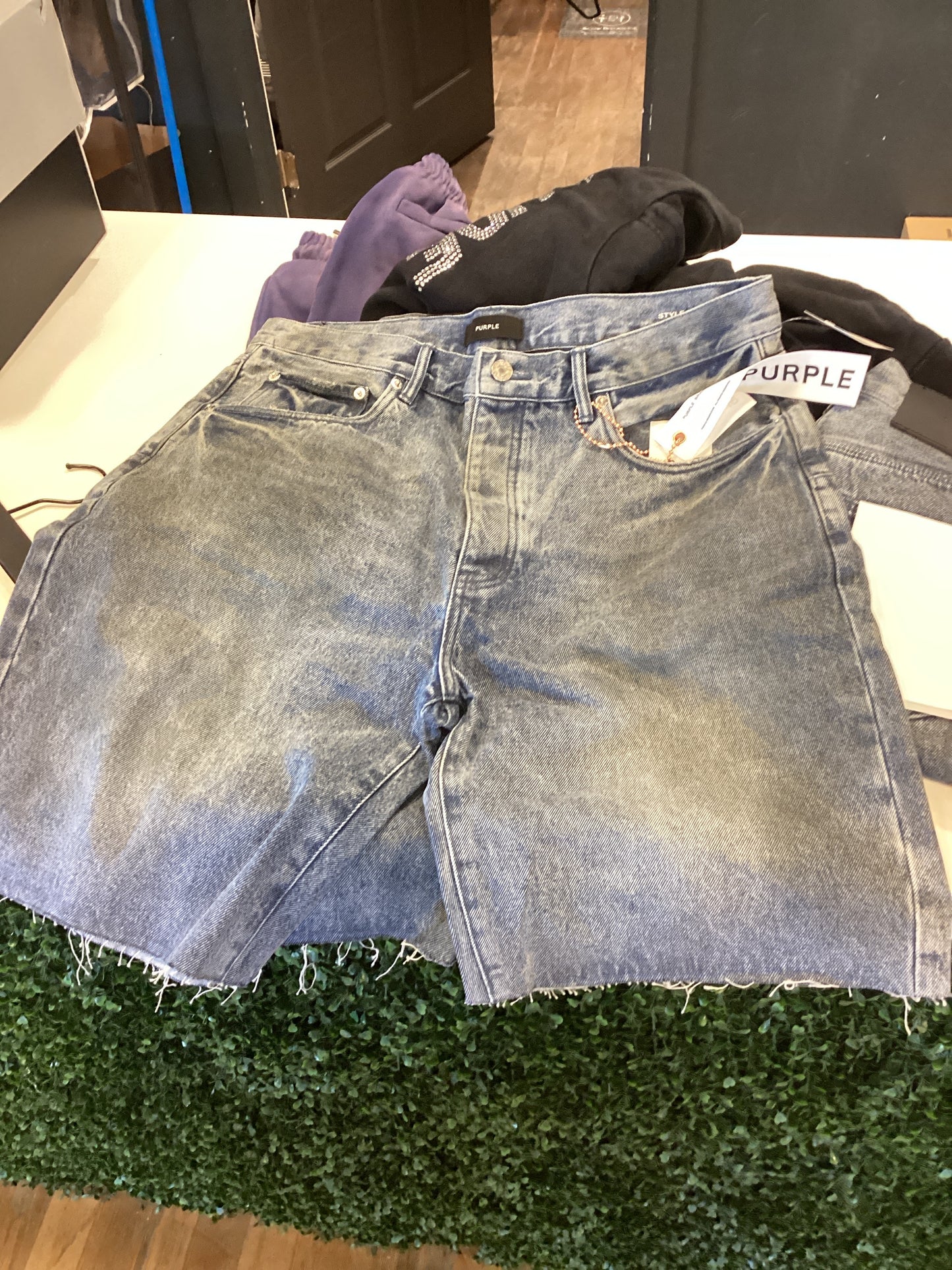 Purple jean shorts teal fade