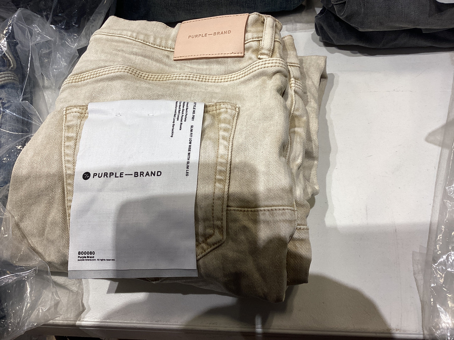 Purple denim jeans light tan
