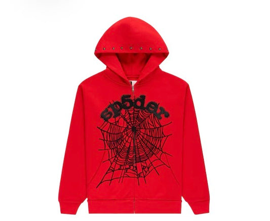 Sp5der Red Studded OG Web Zip Hoodie