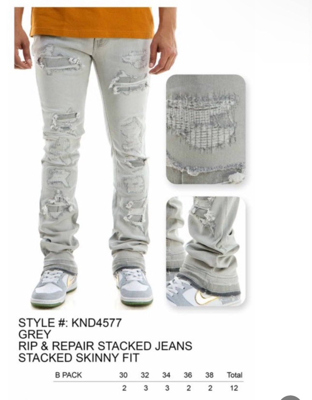 KDNK Grey Rip & Repair Stacked Jeans Skinny Fit