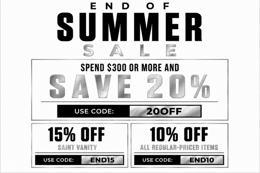 A promotional sale graphic for Central Kicks featuring a large 'END OF SUMMER SALE' headline, a 20% off code, and two additional discount panels reading 15% off Saint Vanity and 10% off all regular-priced items.